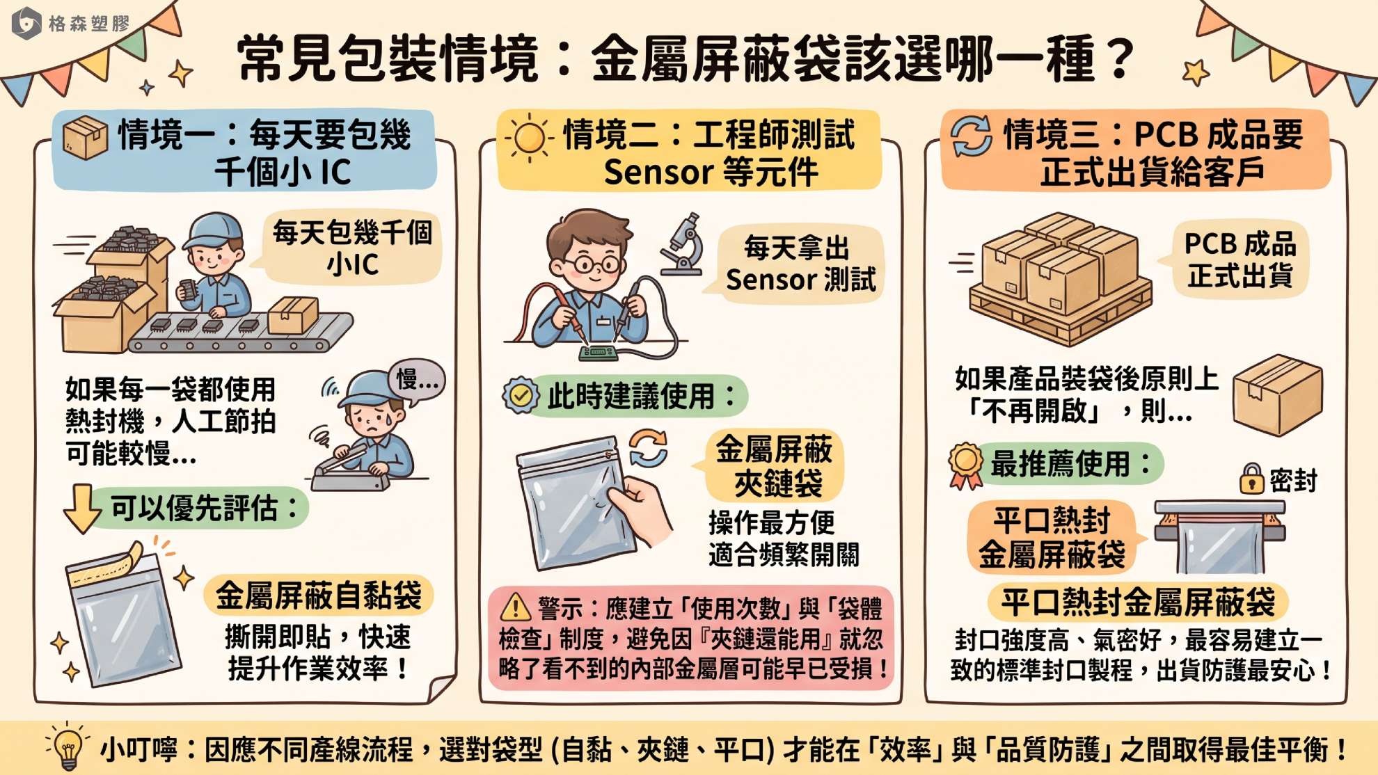 ●抗靜電金屬自黏袋、夾鏈袋、平口熱封袋差在哪？IC／PCB包裝怎麼選｜格森塑膠