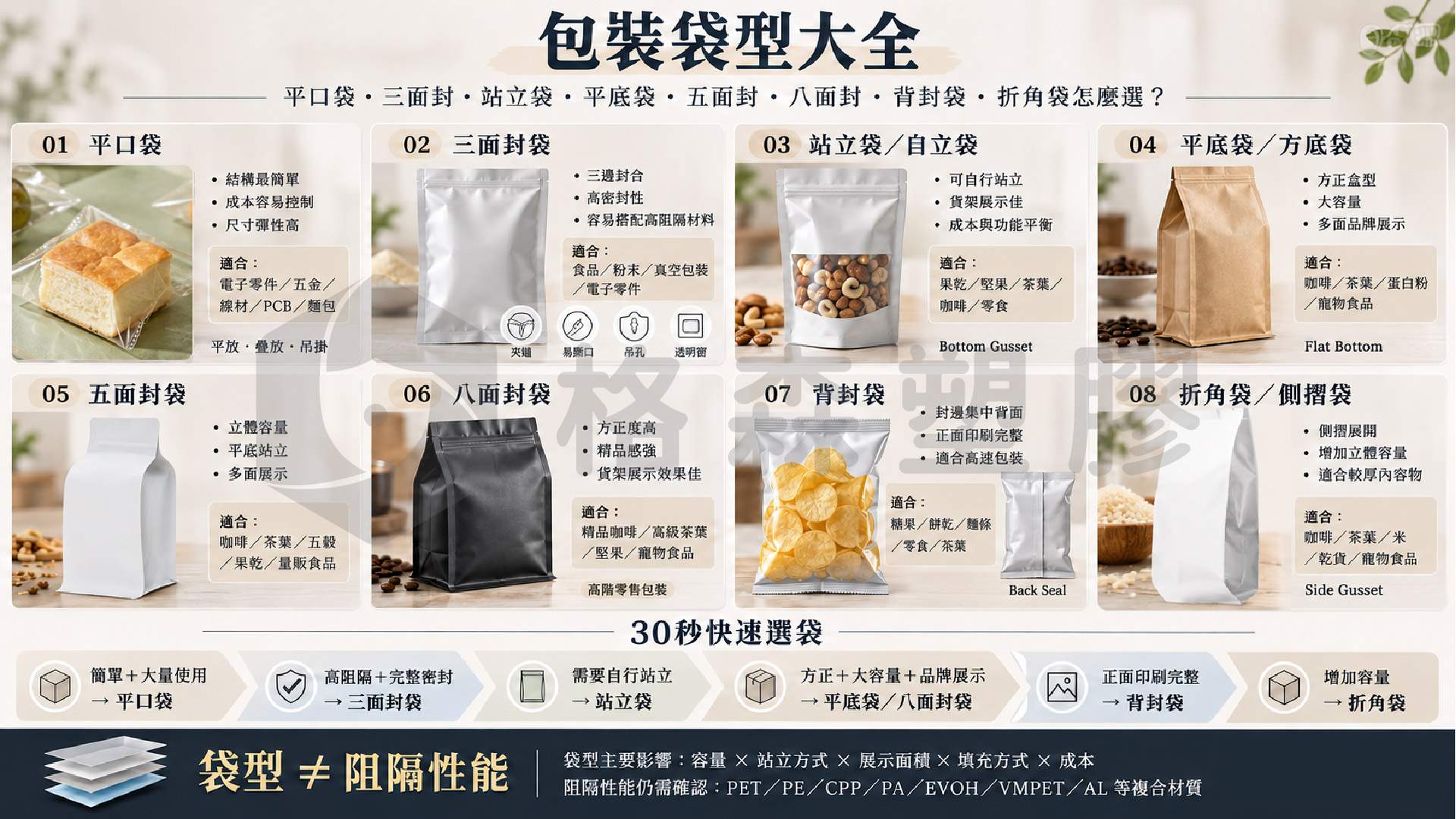 ●包裝袋型大全|平口袋、三面封、站立袋、平底袋、五面封、八面封怎麼選?|格森塑膠 ●包裝袋型大全|平口袋、三面封、站立袋、平底袋、五面封、八面封怎麼選?|格森塑膠