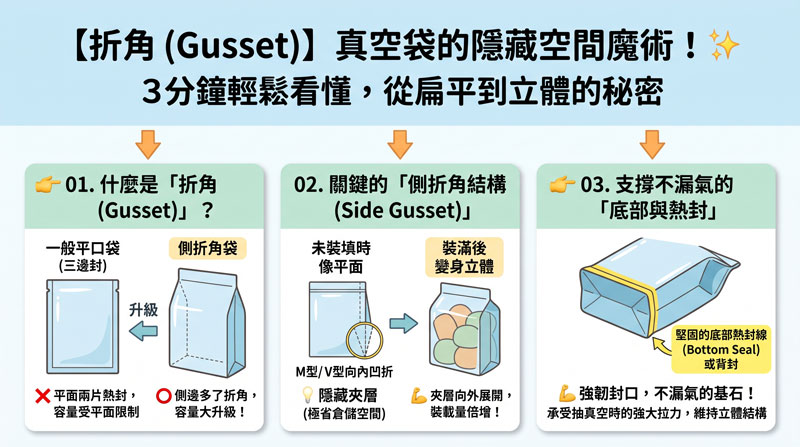 ●什麼是真空立體折角袋?3 分鐘搞懂立體包裝的結構與優勢 真空立體折角袋示意圖